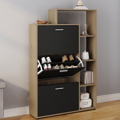Meuble &agrave; chaussures imitation h&ecirc;tre 3 portes noires avec &eacute;tag&egrave;re