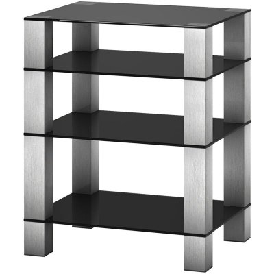 LES TENDANCES Meuble audio/vid&eacute;o verre tremp&eacute; noir et aluminium inox joy