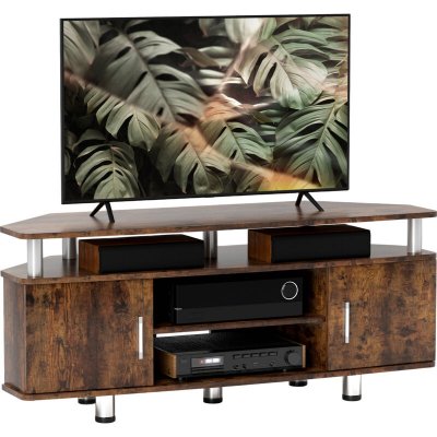 HOMCOM Meuble banc TV design contemporain 2 portes niche centrale &eacute;tag&egrave;re grand plateau chrom&eacute; effet bois