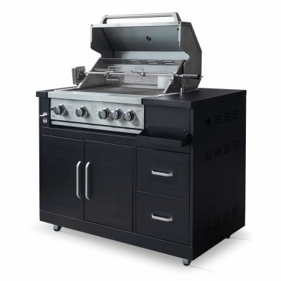 OVIALA Meuble barbecue gaz 4 br&ucirc;leurs et r&ocirc;tissoire pour cuisine ext&eacute;rieure