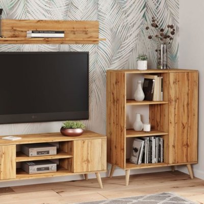 Meuble buffet, commode, Style scandinave, armoire 1 porte et 3 &eacute;tag&egrave;res- Blanc / naturel FONDI 