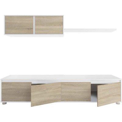 DMORA Meuble complet pour meuble TV de salon - 200 x 41 h43 - Style et design contemporain, blanc et ch&ecirc;ne