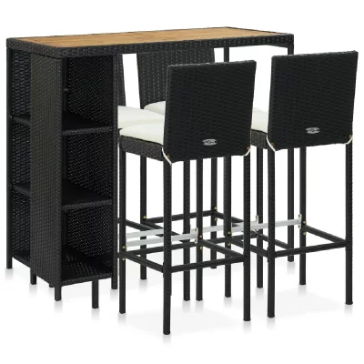 Meuble de bar de jardin 5 pcs et coussins R&eacute;sine tress&eacute;e Noir