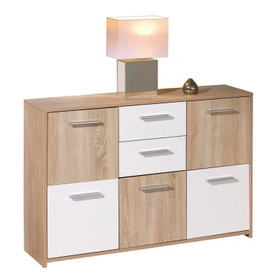 Meuble de rangement - 6 compartiments allong&eacute; - Acacia et blanc 