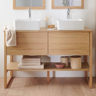 Meuble de salle de bain 120 cm avec vasques blanches carr&eacute;es atoll