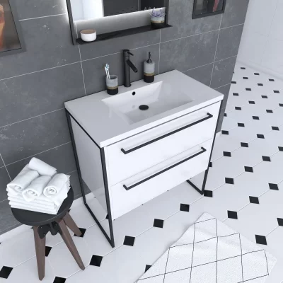 Meuble de salle de bain 80x50cm Blanc - 2 tiroirs - vasque resine blanche - pieds et poign&eacute;es