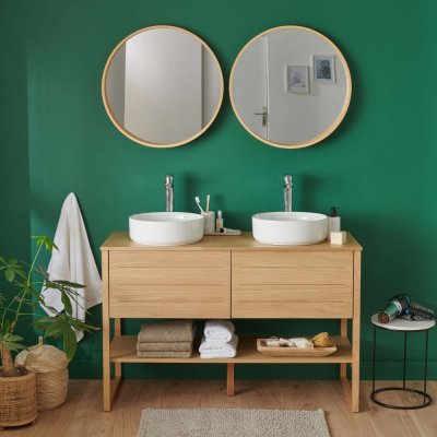 Meuble de salle de bain avec vasques et miroirs effet bois clair