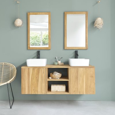 Meuble de salle de bain suspendu en teck massif 135 cm NOA