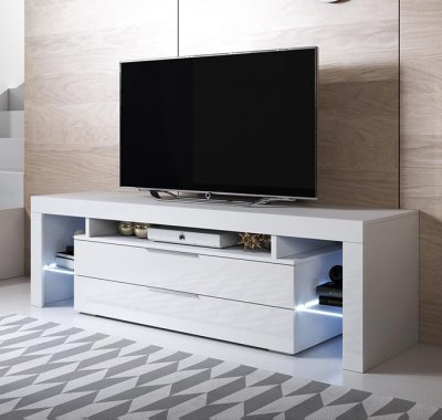 MUEBLES BONITOS Meuble de t&eacute;l&eacute;vision blanc avec tiroirs et lumi&egrave;res LED Sayen Domensino