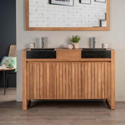 Meuble en teck et vasques de salle de bain Luxe 140 noir - Marron