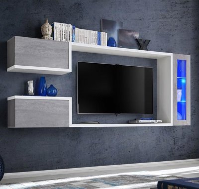 DESIGN AMEUBLEMENT Meuble mural tv mod&egrave;le urko couleur blanc et gris cemento (2,3m)