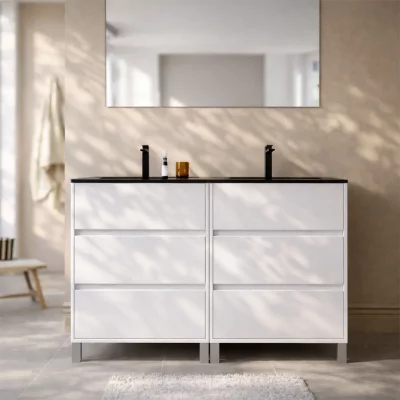 Meuble salle de bain effet bois blanc 46x120x83cm