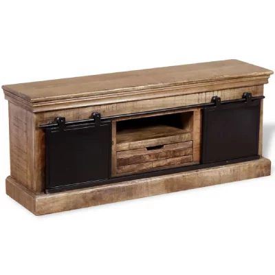 HELLOSHOP26 Meuble t&eacute;l&eacute; buffet tv t&eacute;l&eacute;vision design pratique avec 2 portes coulissantes bois de manguier massif