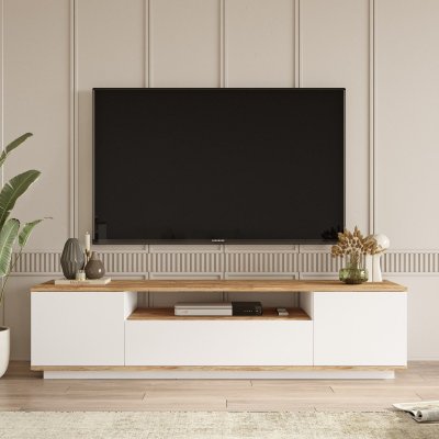 HANAH HOME Meuble TV 1 &eacute;tag&egrave;re et 3 portes battantes Dani Bois Naturel et Blanc