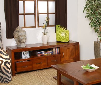 MACABANE Meuble TV 1 porte 3 tiroirs en bois L140cm FREESIA