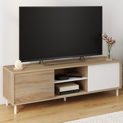 IDMARKET Meuble TV 140 cm 2 portes coulissantes r&eacute;versibles effet bois et blanc montage sans outils
