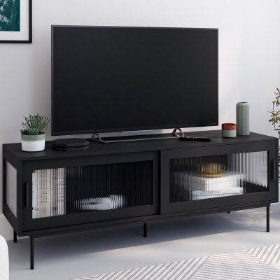 IDMARKET Meuble TV 140 cm 2 portes coulissantes vitr&eacute;es fa&ccedil;ade cannel&eacute;e noir