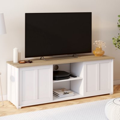 IDMARKET Meuble Tv 140 Cm Jango 2 Portes Coulissantes Blanc Et Plateau Bois