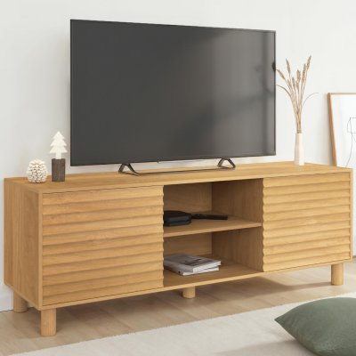 IDMARKET Meuble TV 140 cm JULIE 2 portes lattes tasseau bois coloris ch&ecirc;ne