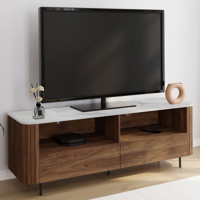 IDMARKET Meuble TV 140 cm noyer effet lattes 2 tiroirs et plateau marbre blanc