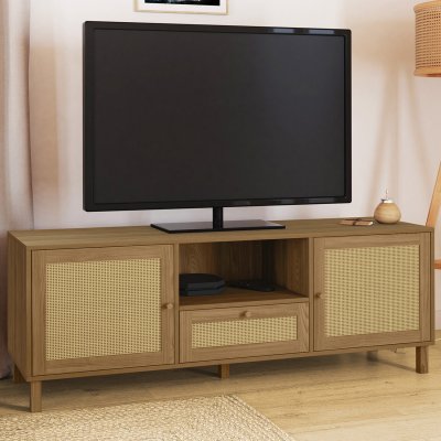 IDMARKET Meuble tv 140 cm vintage hanae 3 portes effet naturel cannage