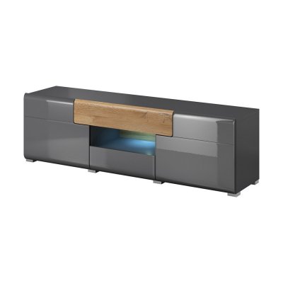 PRICE FACTORY Meuble tv 160cm collection ohio. Eclairage led int&eacute;gr&eacute;. Coloris gris anthracite et ch&ecirc;ne.