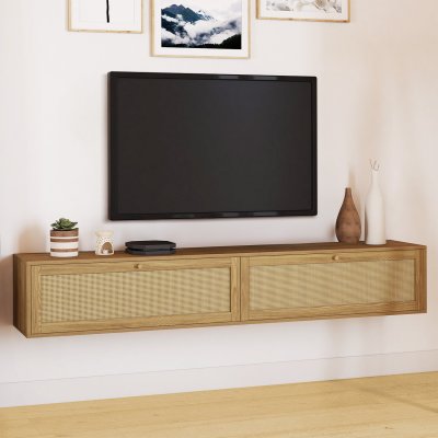 IDMARKET Meuble Tv 180 Cm Suspendu Hanae 2 Portes Effet Naturel Cannage