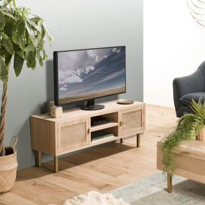 MACABANE Meuble Tv 2 ALINE Niches 2 Portes Toile De Jute Pieds M&eacute;tal Dor&eacute;