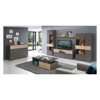 MEUBLETMOI Meuble TV 2 portes 150cm, bicolore bois clair et gris - MARBELLA