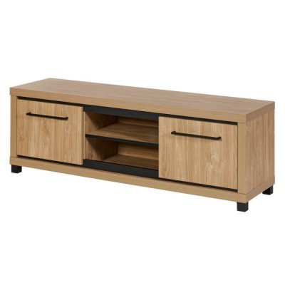 ALTOBUY Meuble tv 2 portes 2 niches bois houston oak poign&eacute;es m&eacute;tal noires