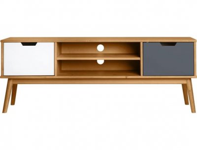 MARCKERIC Meuble TV 2 portes 2 niches en pin naturel, gris et blanc - JIZER