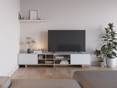 AUCUNE Meuble TV 2 portes 6 niches 230x35x44 cm effet ch&ecirc;ne et blanc