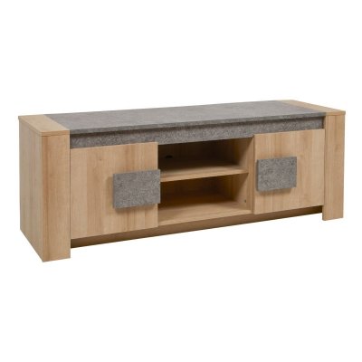 ALTOBUY Meuble TV 2 portes aspect ch&ecirc;ne clair et granit gris AZYA 155x45x59cm