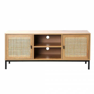 CALICOSY Meuble tv 2 portes avec cannage rotin et 2 niches jaya - l120cm