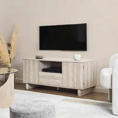 THE HOME DECO FACTORY Meuble TV 2 portes et 1 tiroir 110x39x48 cm d&eacute;cor travertin - PORYA