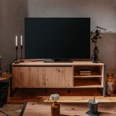 FINORI Meuble TV 2 portes et 2 niches L160 cm - D&eacute;cor Bois Clair