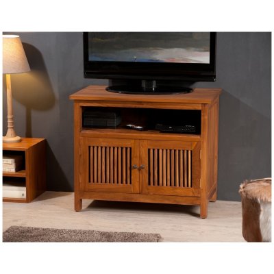  Meuble TV 2 portes persiennes en teck style colonial - Miel
