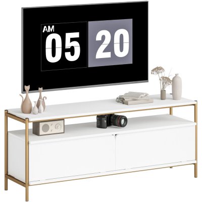 HOMCOM Meuble Tv 2 Portes Rabattables Et &Eacute;tag&egrave;re Ouverte Cadre En Acier Blanc