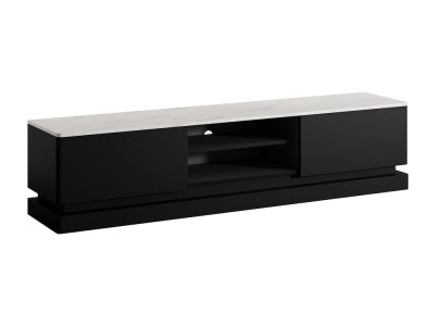 VENTE UNIQUE Meuble TV 2 tiroirs et 2 niches avec LEDs en MDF - Noir et effet marbre blanc - DEVIKA de