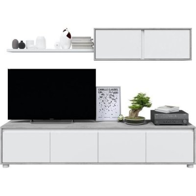 LOUNGITUDE Meuble tv adan 4 portes avec &eacute;tag&egrave;re murale 2 portes l200cm - blanc / b&eacute;ton