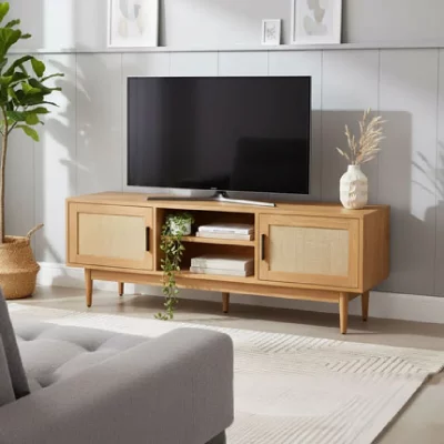 BAITA Meuble TV AMANA 2 portes - d&eacute;cor bois et cannage naturel - L130cm