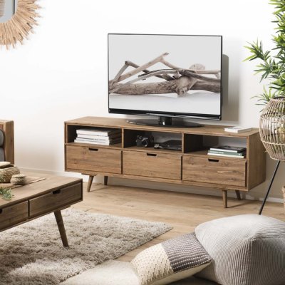 MACABANE Meuble Tv ANDY Scandi Bois 3 Tiroirs 3 Niches Sapin