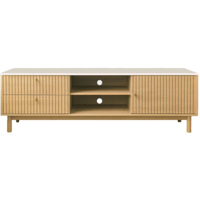CONCEPT USINE Meuble TV aspect bois rainur&eacute; et blanc avec tiroirs et placard 150cm TRIX
