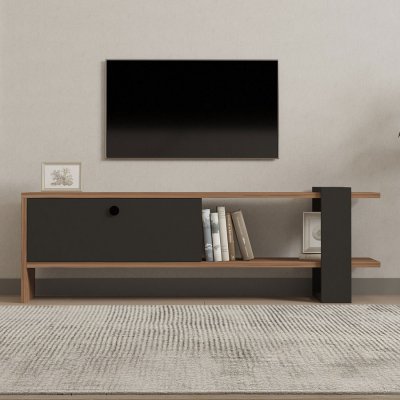 CONCEPT USINE Meuble Tv Asym&eacute;trique Gris Anthracite Avec Placard Aspect Bois 120cm Ova