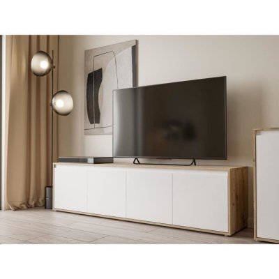 PROREGAL PREIS LEISTUNGSSIEGER Meuble TV AUCUNE SKELPE 188,3 cm Blanc Mat et Ch&ecirc;ne - 4 portes