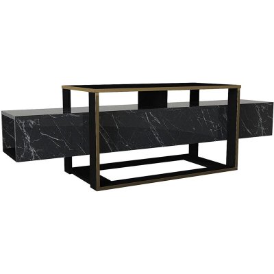 VENTE UNIQUE Meuble TV avec 2 niches - Effet marbre noir et dor&eacute; - COMEBI II