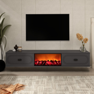 CONCEPT USINE Meuble TV avec chemin&eacute;e LED 150cm gris anthracite et noir FYRA