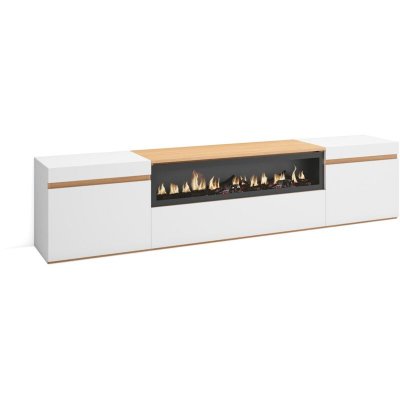 SKRAUT HOME Meuble TV Banc T&eacute;l&eacute; 200x35x45cm Pour les TV jusqu&agrave; 80 Chemin&eacute;e &eacute;lectrique Blanc et Ch&ecirc;ne Soft RF3774