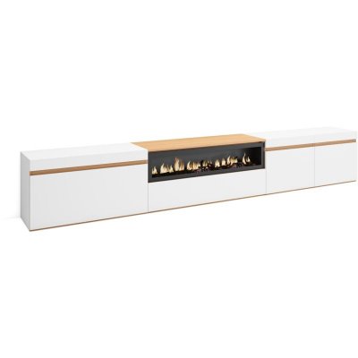 SKRAUT HOME Meuble TV Banc T&eacute;l&eacute; 288x45x35 cm TV grand format Chemin&eacute;e &eacute;lectrique Blanc et Ch&ecirc;ne Soft RF3788