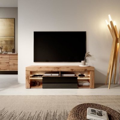 SELSEY Meuble tv / banc tv - Bianko - 140 cm - ch&ecirc;ne lancaster / noir brillant - avec led